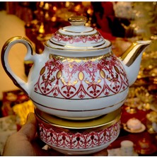 Feyza Design Kırmızı Porselen Demlik ve Isıtıcı Seti, Şık ve Zarif Tasarım