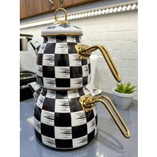 Feyza Design Şık Desenli Emaye Çaydanlık Takımı, Altın Detaylar, 1l ve 2l Set
