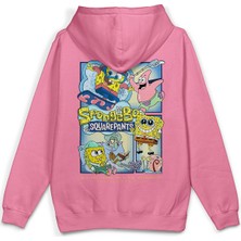 Overoz Sünger Bob Sırt Baskılı Kapüşonlu Yarı Oversize Unisex Sweatshirt Pembe Hoodie 1232