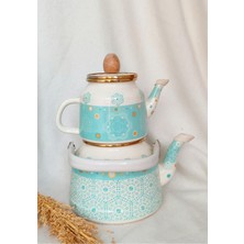 Feyza Design Turkuaz Etnik Emaye Retro Çaydanlık, Büyük Boy, Şık ve Zarif Tasarım