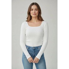 CHEISU Kadın Beyaz Uzun Kollu Kare Yaka T-Shirt Bluz Kaşkorse Fitilli