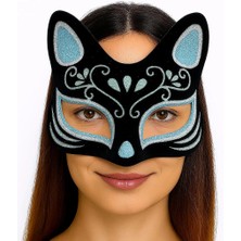 Hayat Store Siyah Renk Süet Kaplama Üzeri Gümüş Mavi Simli Kedi Maskesi 17X14 cm