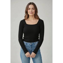 CHEISU Kadın Siyah Uzun Kollu Kare Yaka T-Shirt Bluz Kaşkorse Fitilli