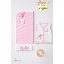 Babyden's Kız Bebek 3’lü Set Pamuklu Kalp Jakar Desenli Fil Baskılı Yelek ,battaniye ,saç Bandı,yenidoğan Seti