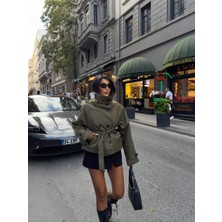 Ebrita Moda Kadın Kısa Bel Kemerli Yağ Yeşili Trenç