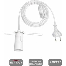Conana Şeffaf Kablolu E14 Yaylı Beyaz Duylu, Tuz Lambası Duyu 4 Metre Arapuarlı (2x0,50) 65W