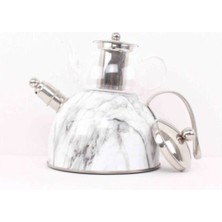 Feyza Design Mermer Desenli Cam Düdüklü Çaydanlık 3,6 Lt Paslanmaz Çelik Beyaz