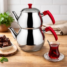 Feyza Design Paslanmaz Çelik Çaydanlık Takımı, Gaz ve Indüksiyon Uyumlu, Kırmızı Kulplu