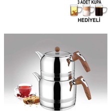 Feyza Design Ahşap Renkli Saplı Midi Boy Çaydanlık Takımı ve Cam Kupa Seti