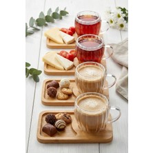 Sedoa 4 Kişilik 8 Parça Çift Cidarlı Bardak ve Bambu Tabaklı Espresso Çay Kahve Fincan Takımı