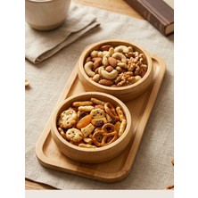 Mucit Home 2 Li Doğal Bambu Tepsili 2 Li Yuvarlak Bölmeli Çerezlik Seti Sunumluk Atıştırmalık Kase