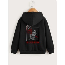 Velmora Fashion Çocuk   Kapüşonlu Ön ve Arka Blessed Baskılı Sweatshirt - Siyah