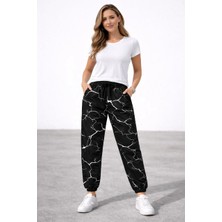 Velmora Fashion Kadın Dijital Baskılı Eşofman Altı Üç Iplik Şardonlu Lastikli Paça Cepli Kalıp - Siyah