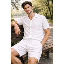 Velmora Fashion Erkek Waffle Kumaş Kısa Kollu Gömlek Şort Takım Regular Fit Yazlık Ikili Set - Beyaz