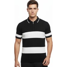 Velmora Fashion Erkek T-Shirt Çizgili Triko Dokuma Kumaş Polo Yaka Yarım Fermuarlı Regular Kalıp Tişört - Siyah