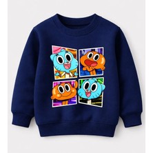 Efendioğlu Design Sweatshirt Gumball ve Darwin 4 Foto Baskılı Pamuklu 3 Iplik Şardonsuz Sweatshirt