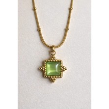 Stainles Steel Yeşil Kare Taşlı Vintage Gold Kolye(Kolye Ucu:1,2cm)