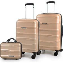 Polo&sky Azra Model Gold Renk Pp Kırılmaz 3'lü Kabin Boy + Orta Boy + Makyaj Valiz Seti