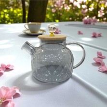Feyza Design Içme Için 1000 ml Silver Baklava Desenli Cam Demlik ve Bambu Metal Kapak