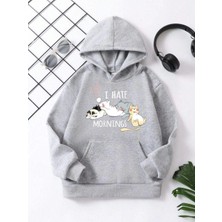 Velmora Fashion Çocuk   Kapüşonlu Kedicik Baskılı Pamuklu Sweatshirt - Gri