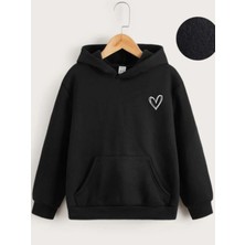 Velmora Fashion Çocuk   Kapüşonlu Çizgi Kalp Baskılı Sweatshirt - Siyah