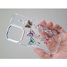Epro iPhone 16 Pro Uyumlu 3 Boyutlu Kelebek Desenli Taşlı Simli Askı Aparatlı Metal Tuşlu Sert Kılıf