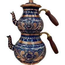 Feyza Design El Işlemeli Bakır Çaydanlık, Mavi Renk, Erzincan El Sanatları