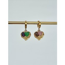QA Quella Accessories Çelik Renkli Taşlar Etnik Desen 18K Altın Kaplama Gold Küpe