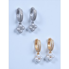 QA Quella Accessories Rodyum Çiçek Sallantılı Gümüş & Gold Küpe - Gümüş