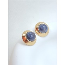 QA Quella Accessories Özel Seri Vintage Düğme  14 Ayar Altın Kaplama Indigo Mavi Gold Küpe
