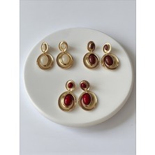 QA Quella Accessories Özel Seri Daire Sallantılı Opal Taş Bordo & Krem & Kahve 14K Gold Küpe - Kahverengi