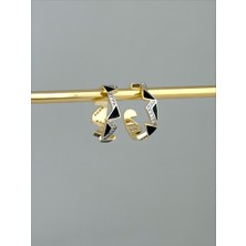 QA Quella Accessories Rodyum Zikzak Siyah Mineli Beyaz Zirkon Taşlı 14 Ayar Altın Kaplama Gold Küpe