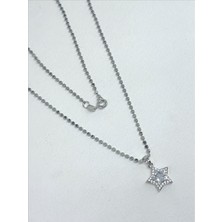 QA Quella Accessories Çelik Mini Yassı Arpa Ezme Zincir Zirkon Yıldız Sallantılı 14K Gümüş Kolye 50 cm