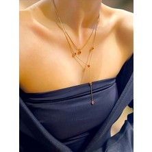 QA Quella Accessories Çelik Mineli Kalp Sallantılı Ikili Gold Kolye 45+5 cm