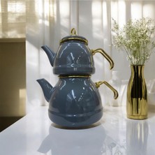 Feyza Design Emaye Çaydanlık Takımı, Altın Kulplu, Çift Katlı, Şık ve Dayanıklı