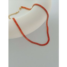 QA Quella Accessories Rodyum Turuncu Zirkon Baget Su Yolu 14K Gold Choker Kolye 32+5 cm