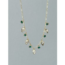 QA Quella Accessories Özel Seri  Damla  Zümrüt Yeşili Zirkon Sallantılı 14K Gold Kolye 40+5 cm