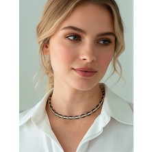 QA Quella Accessories Rodyum Tasarım Badem Zirkon Taş  Kahve & Siyah 14 Ayar Altın Kaplama Gold Choker Kolye 33+5 cm - Siyah