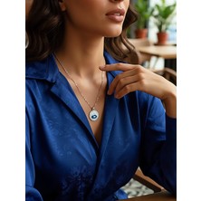 QA Quella Accessories Çelik Yuvarlak Plaka Işlemeli Nazar Göz 14K Gümüş Kaplama Zincir Kolye 40+5 cm