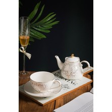 Feyza Design Autumn 4 Parça Hayat Ağacı Desenli Çay ve Kahve Fincanı ve Porselen Demlik Seti