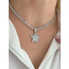 QA Quella Accessories Çelik Yıldız Zirkon Taşlı Su Yolu 14 Ayar Gümüş Kaplama Kolye  40+5