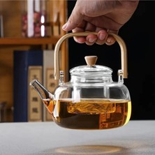 Feyza Design Borosilikat Cam Bitki Çayı Demliği 1000 ml Bambu Kapak ve Saplı