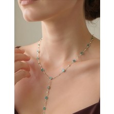 QA Quella Accessories Özel Kaplama Mavi Zirkon Y Kolye-Bileklik-Halhal 70 cm