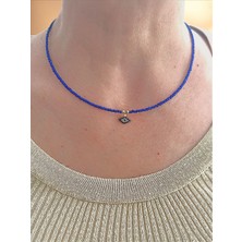 QA Quella Accessories Lak Kaplama Dörtgen Nazar Göz Koyu Mavi Boncuk Gold Kolye