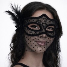 HypAirs Siyah Dantel Tüllü Peçeli Parti Maskesi - Tüylü Inci Detaylı