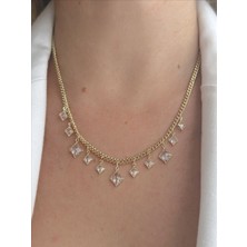 QA Quella Accessories Rodyum Zirkon Kare Pul Sallantılı 14K Gold Kolye 43+5 cm