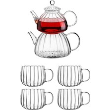 Feyza Design Borosilikat Cam Çaydanlık ve 4 Dilimli Cam Kupa Seti