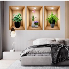 Nacario Mey Ithalat® 3D Çiçek Vazo Duvar Sticker 3 Lü Set Kahverengi Fon