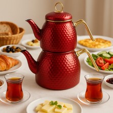 Feyza Design Kırmızı Emaye Çaydanlık 2100ML, Kilit Kapak, Indüksiyon ve Gaz Uyumlu