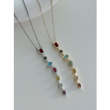 QA Quella Accessories Rodyum 7 Element Renkli Zirkon Gümüş & 14 Ayar Gold Y Kolye 45+5 cm - Gümüş